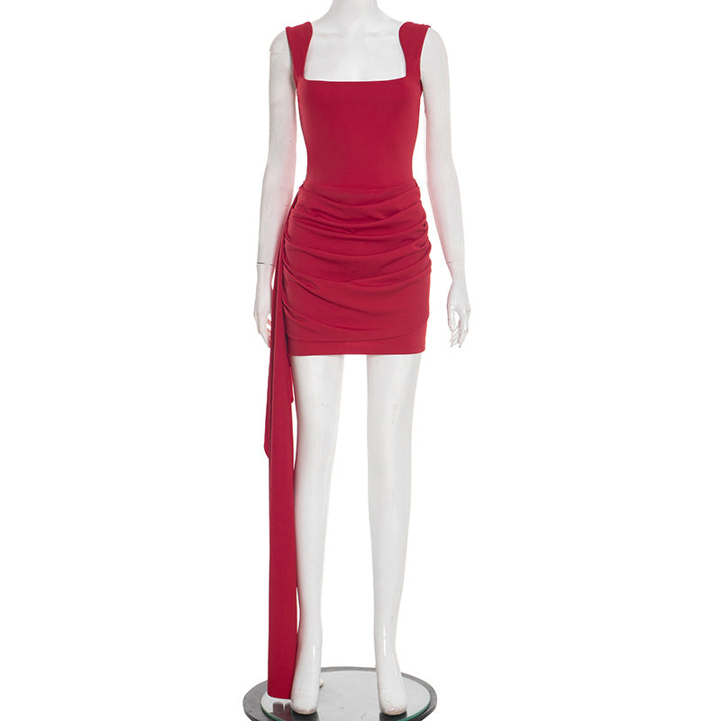 Women Clothing Spring Solid Color Square Collar Spaghetti Straps Sleeveless Ribbon Sheath Slim Fit Short Dress by Ragazza