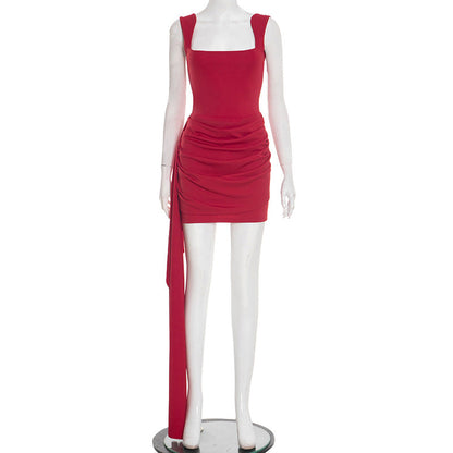Women Clothing Spring Solid Color Square Collar Spaghetti Straps Sleeveless Ribbon Sheath Slim Fit Short Dress by Ragazza