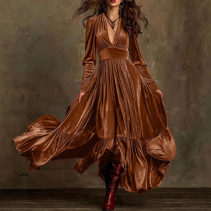 Autumn Winter Retro High Grade V neck Velvet Ruffled Large Swing Dress by Ragazza