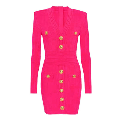 High Quality Knitted Fabric V neck Slim Fit Slimming Long Sleeves Dress by Ragazza