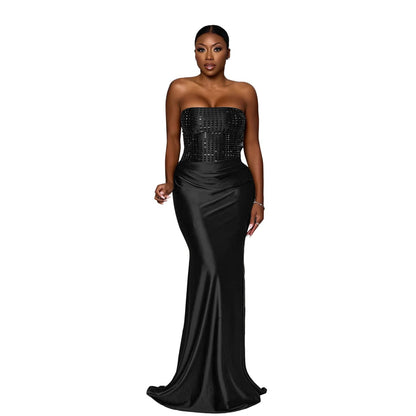 Rhinestone Tube Top Maxi Dress Solid Color off the Shoulder Evening Dress  DestGlow