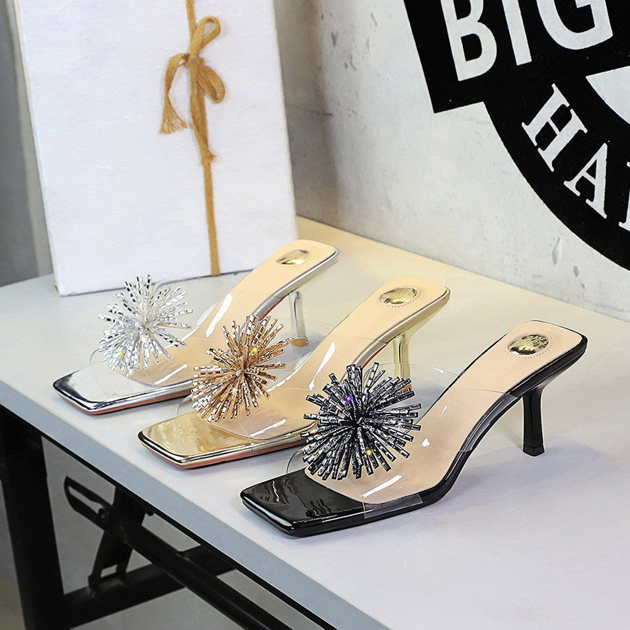 Rhinestone Fireworks Square Toe Open Toe Slippers Women Transparent Slip on Stiletto Heel Outdoor Slippers  DestGlow
