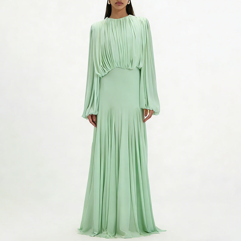 Gentle Dress Dress round Neck High Grade Pleated Patchwork Waist Slimming Maxi Dress  DestGlow