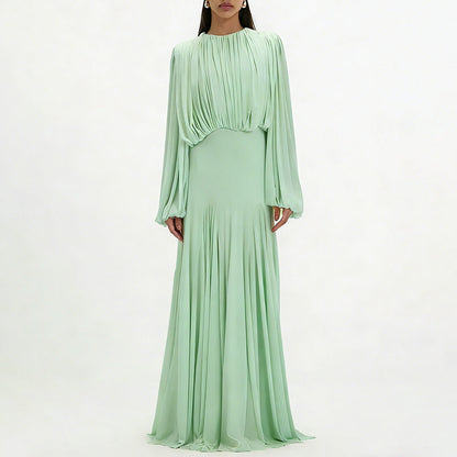 Gentle Dress Dress round Neck High Grade Pleated Patchwork Waist Slimming Maxi Dress  DestGlow