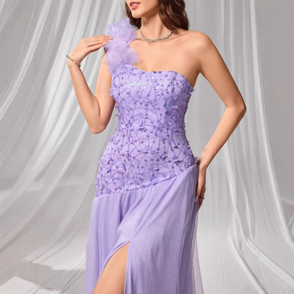 Evening Dress Group Women Solid Color Slim Fit Petals Shoulder Strap Chest Wrapped Dress by Ragazza