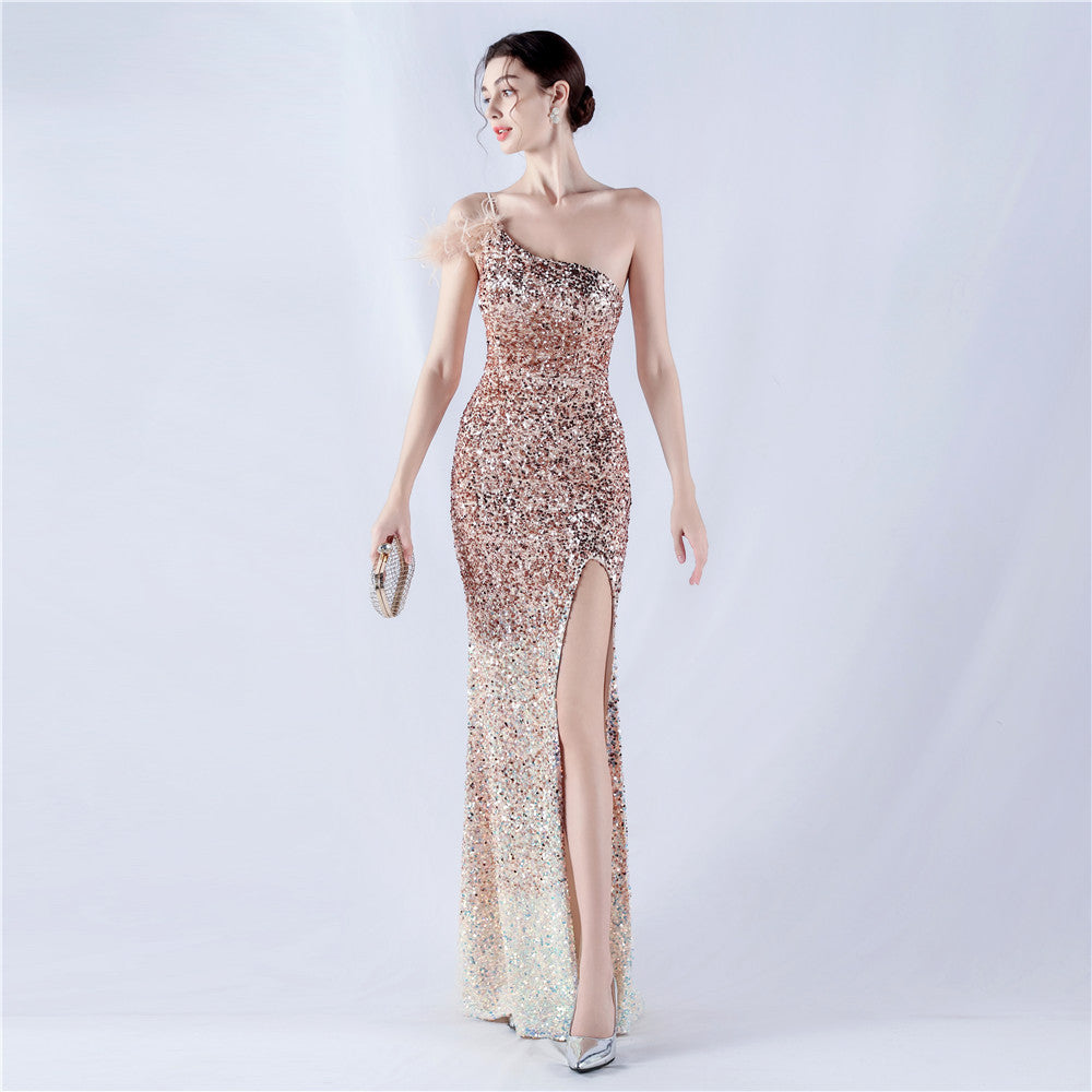 Dress Gradient Velvet Bottom Sequin Craft Order Ostrich Feather One Shoulder Diagonal Collar High Fork Evening Dress by Ragazza