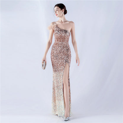 Dress Gradient Velvet Bottom Sequin Craft Order Ostrich Feather One Shoulder Diagonal Collar High Fork Evening Dress by Ragazza