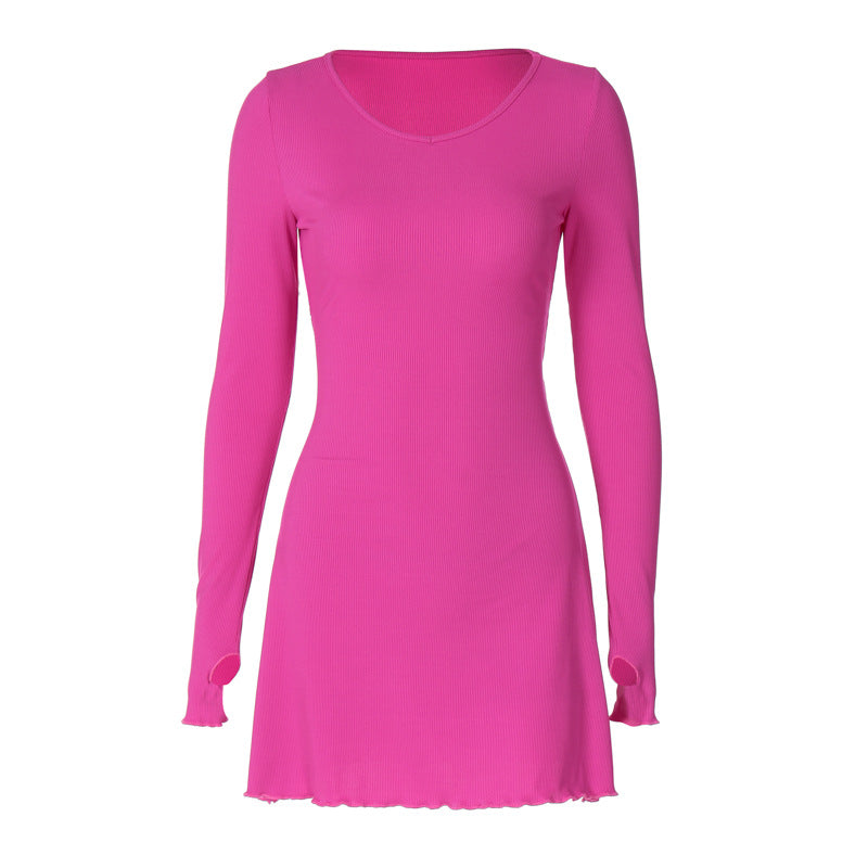 Women Clothing Autumn Winter Simple Solid Color Back Lace up Waist Controlled Dress by Ragazza