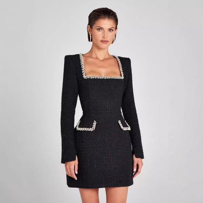 Elegant Slim Fit Slimming U Neck Long Sleeved Beaded Classic Dress Women by Ragazza
