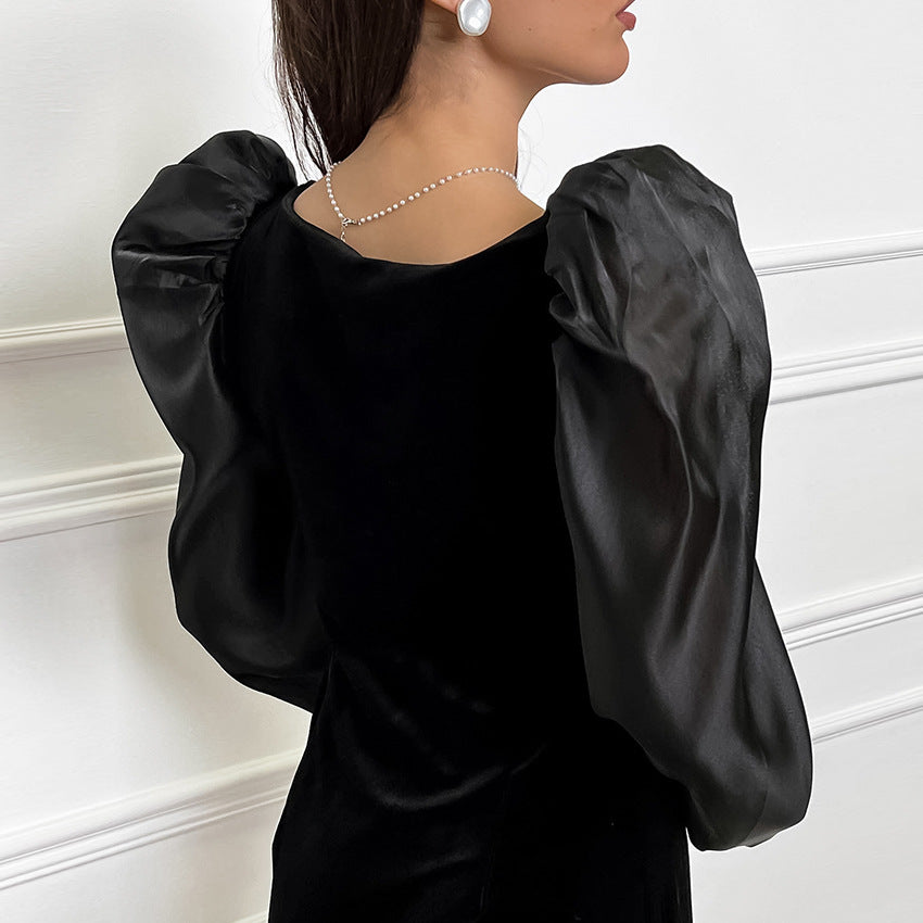 Black Sexy Elegant Square Collar Puff Sleeve Knitted Korean Velvet Straight Slim Fit Dress by Ragazza