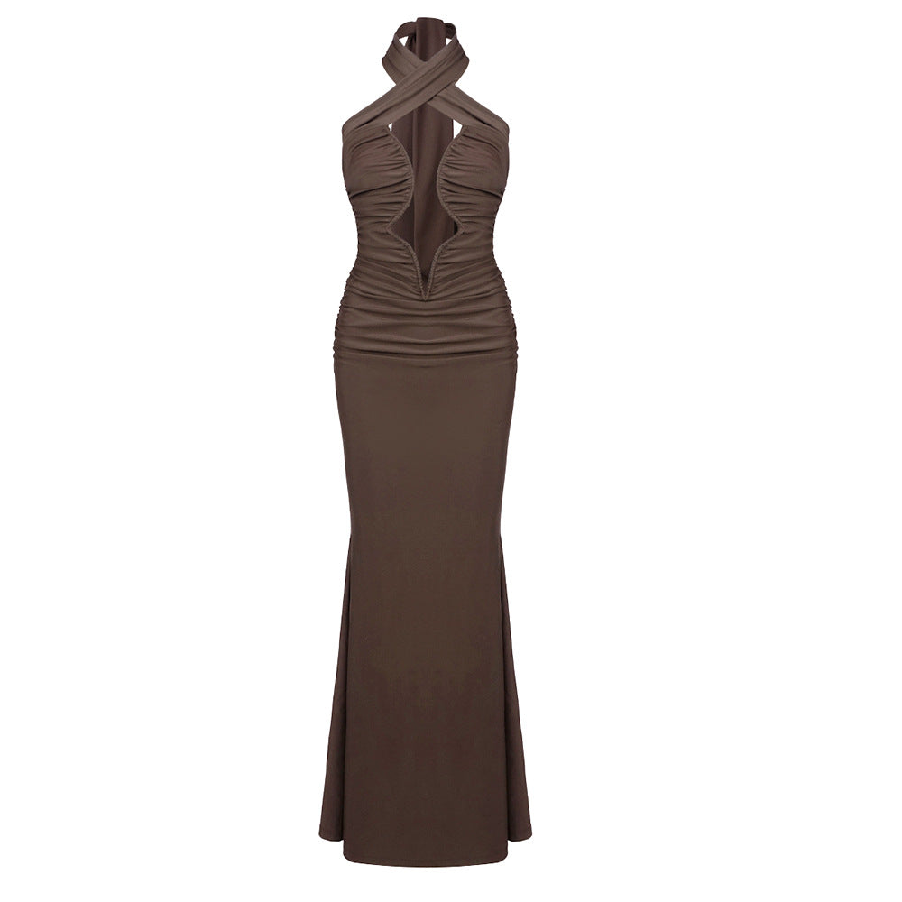 Autumn Winter Slim Slimming Wrapped Chest Hip Dress Sexy Coffee Color Cross Halterneck Dress by Ragazza