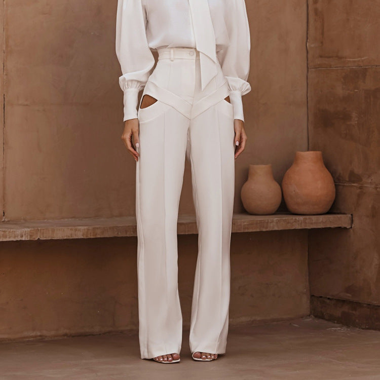 Women Clothing Autumn Niche Design Hollow Out Cutout out Casual Pants Fashionable All Match Loose White Trousers by Ragazza