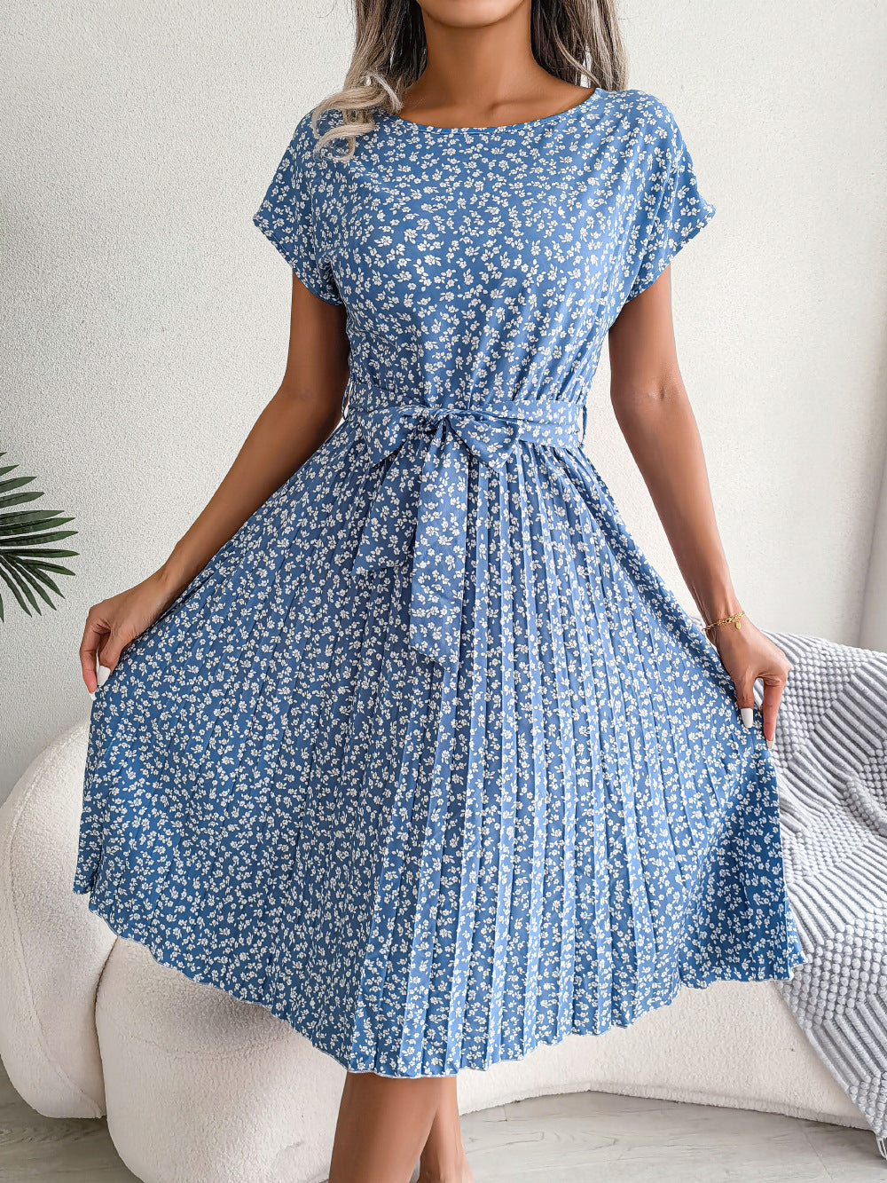 Spring Summer New Casual Short Sleeve Floral Large Hem Pleated Women Clothing by Ragazza