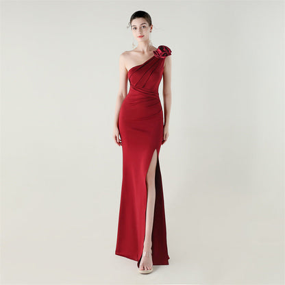 One Shoulder Three Dimensional Floral Satin Folding High Slit Sexy Evening Dress Dinner Wedding Social by Ragazza