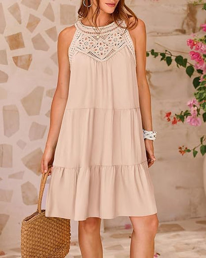 Women Clothing Popular Hollow Out Cutout Lace Stitching Halter A line Dress by Ragazza