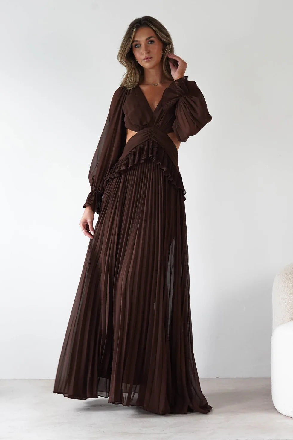 Women Long Sleeve Pleated Waist Tight Backless Dress  DestGlow