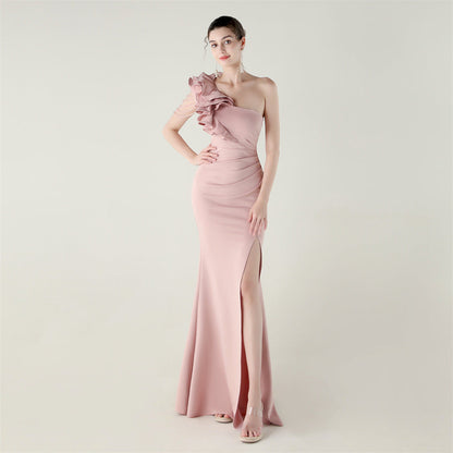 Single Shoulder Craft Beaded Nail Hair Wave Floral Satin High Slit Sexy Evening Dress Evening Cocktail Wedding by Ragazza