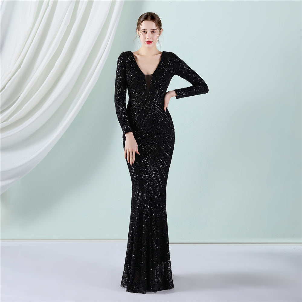 Positioning Floral Sequin Evening Dress Women Banquet Elegant Long Sleeve Sequined Queen Fishtail Dress by Ragazza