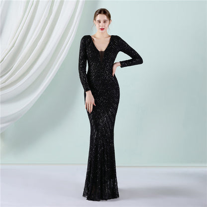 Positioning Floral Sequin Evening Dress Women Banquet Elegant Long Sleeve Sequined Queen Fishtail Dress by Ragazza