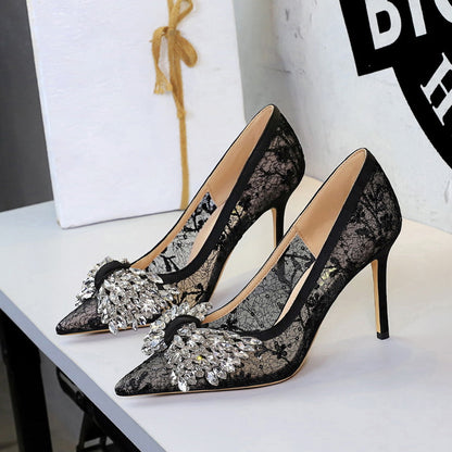 Diamond High Heels Bow Lace Super High Heel Women Shoes Pointed Low Cut Stiletto Heel Pumps  DestGlow