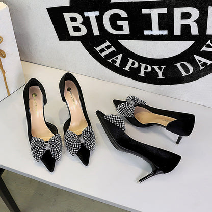 Super Large Rhinestone Bow Pointed Slip on Side Hollow Out Cutout Suede Pumps Women  DestGlow