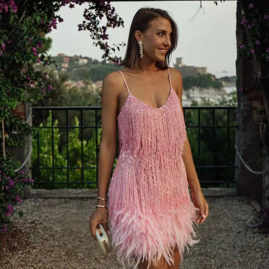 Tassel Sequ Multi Color Birthday Party Sexy V neck Strap Feather Stitching Gown Dress by Ragazza