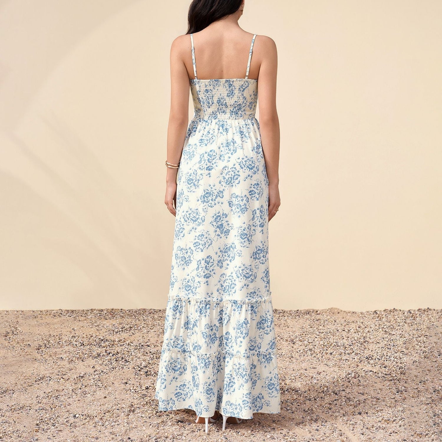 Four Sided Stretch Strap Dress Sexy Printed Wooden Ear Decoration Waist Slimming Maxi Dress  DestGlow