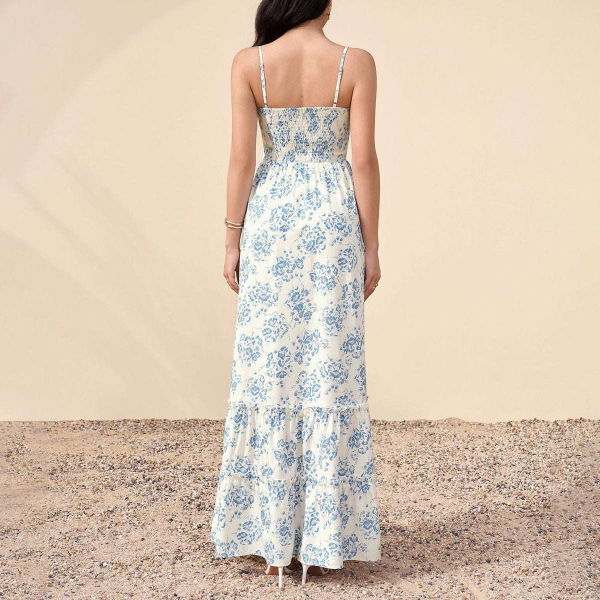 Four Sided Stretch Strap Dress Sexy Printed Wooden Ear Decoration Waist Slimming Maxi Dress  DestGlow