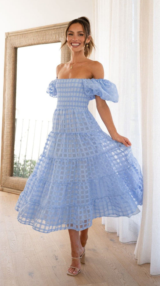 Women One Neck Lantern Sleeve Layer Stitching Dress by Ragazza