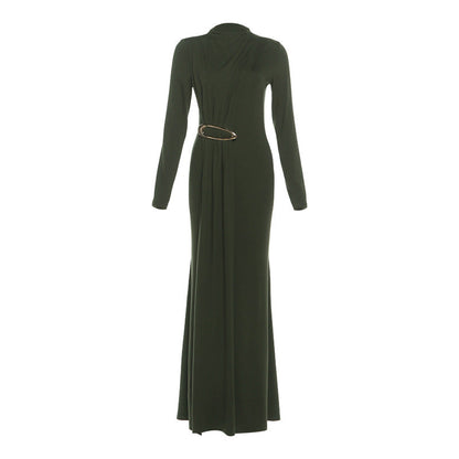 Autumn Winter Women Elegant Slim Formal Dress Solid Color Ribbon Dress