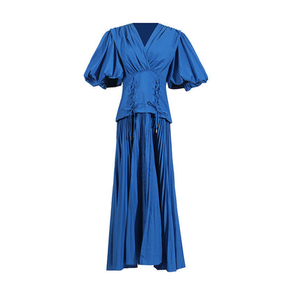 French Personalized Puff Sleeve Design V neck High Waist Tight Waist Design Maxi Dress Autumn Solid Color Women Dress by Ragazza
