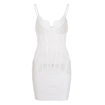 Women Clothing Sexy Lace Dress Waist Tight Sheer Mesh Chest Flattering V neck with Shoulder Straps by Ragazza