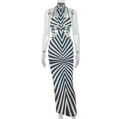 Women Clothing Zebra Print Hip Dress Backless Hanging Collar Lace up Dress  DestGlow
