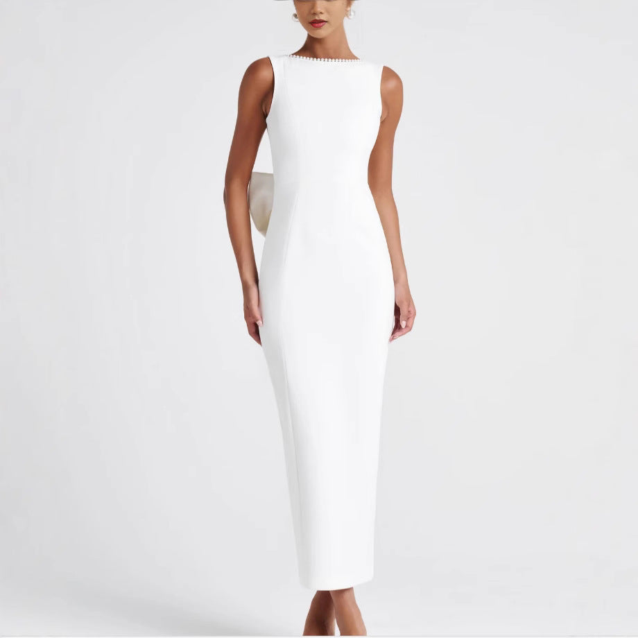 Socialite Black White Contrast Color Sleeveless Dress Spring Summer Sexy Backless Pearl Bow Dress  DestGlow
