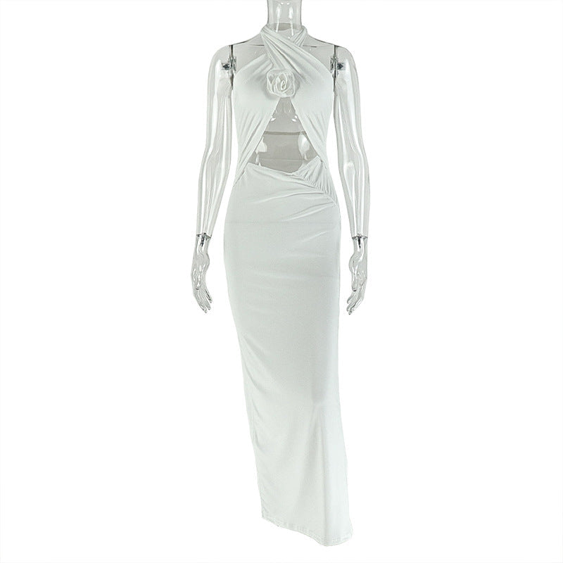Women Clothing Hollowed Split Pleated Backless Hip Dress Cross Halterneck Solid Color Length Dress by Ragazza
