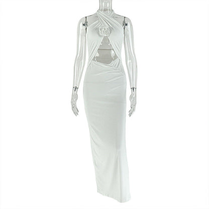 Women Clothing Hollowed Split Pleated Backless Hip Dress Cross Halterneck Solid Color Length Dress by Ragazza