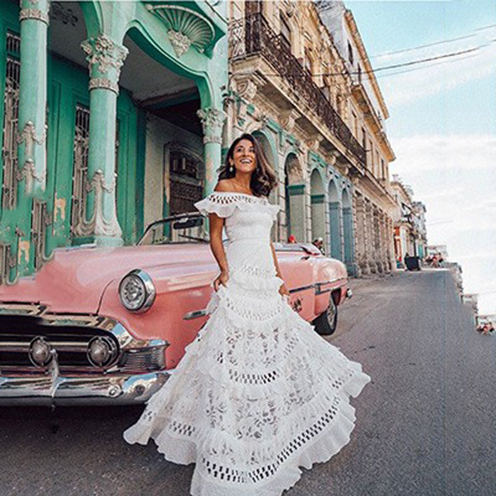 Summer Women Clothing off Shoulder Ruffled Hollow Out Cutout Wide Hem Lace Long Dress by Ragazza