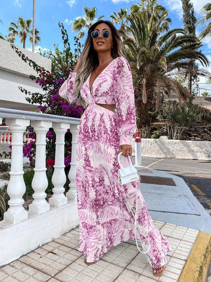 Women Wear Spring Long Printed V neck Long Sleeve Elegant Dress by Ragazza