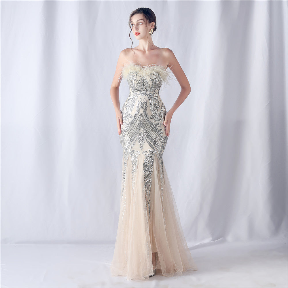 Ostrich Feather Positioning Floral Cutting Wedding Annual Meeting Tube Top Sequin Gauze Evening Dress by Ragazza