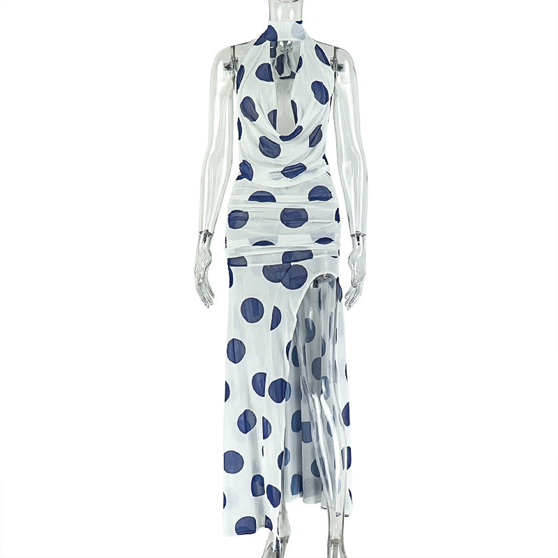 Black White Polka Dot Women Split Printed Street Asymmetric Dress Turtleneck Lace up Backless Dress by Ragazza