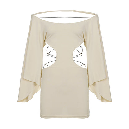Women Clothing Crossover Lace Up Cutout Off Shoulder Batwing Sleeve Designer Dress by Ragazza