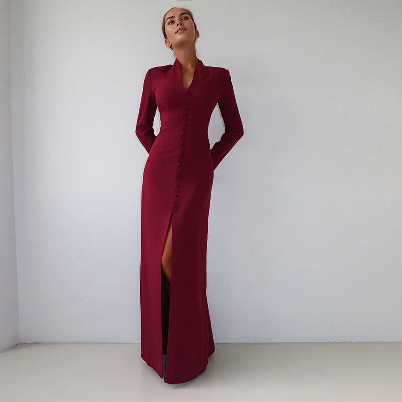 Autumn French Solid Color V neck High Waist Slim Slimming Slit Dress by Ragazza