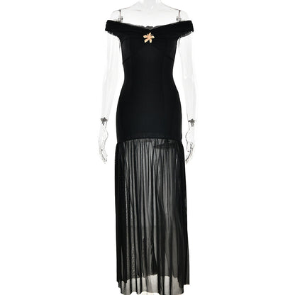 Elegant Tube Top Ladies Dress Sexy Mesh Stitching Backless Pleated Slim Fit Maxi Dress  DestGlow