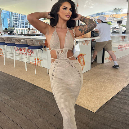 Sexy Pure Want to Hang Neck Wrapped Chest Hollow Out Stitching Lace up Dress for Women by Ragazza