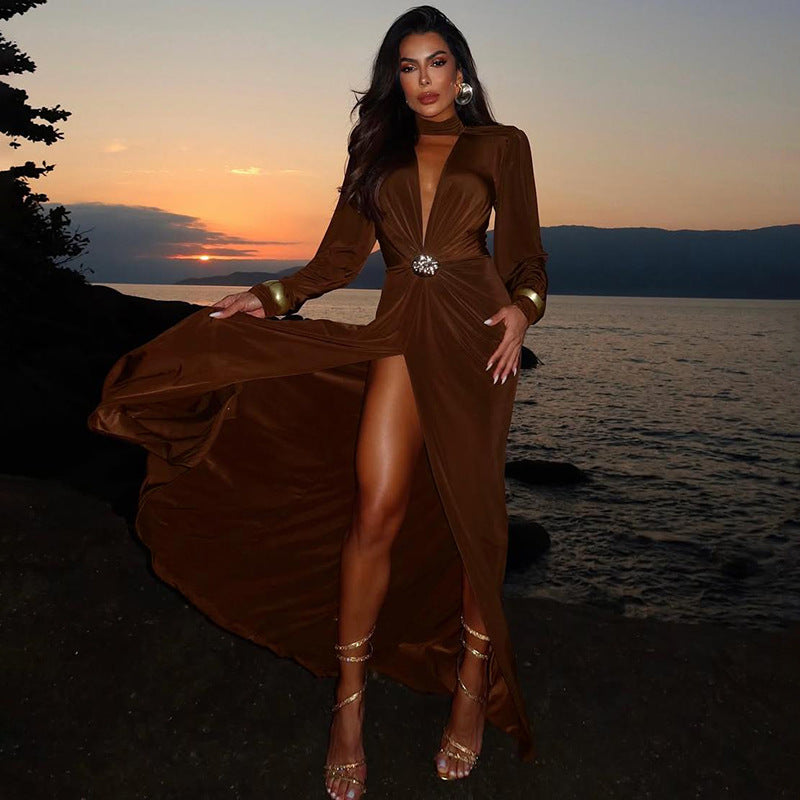 Fall Women Clothing Elegant Sexy Deep V Plunge neck Slim Fit Slit Long Sleeve Dress Women by Ragazza
