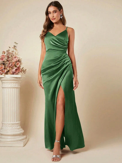 Women Spring Summer Satin Sling Dress Sexy Backless Pleated Dress Bridesmaid Dress by Ragazza