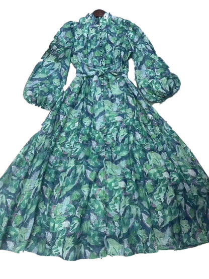 Beautiful Tea Break Dress Spring Summer Small Stand Collar Printed Lace up Waist Slimming Dress Women by Ragazza