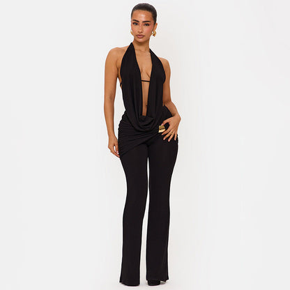 Women Clothing Winter Hanging Collar Backless Top Metal Buckle Bootcut Pants Two Piece Set by Ragazza