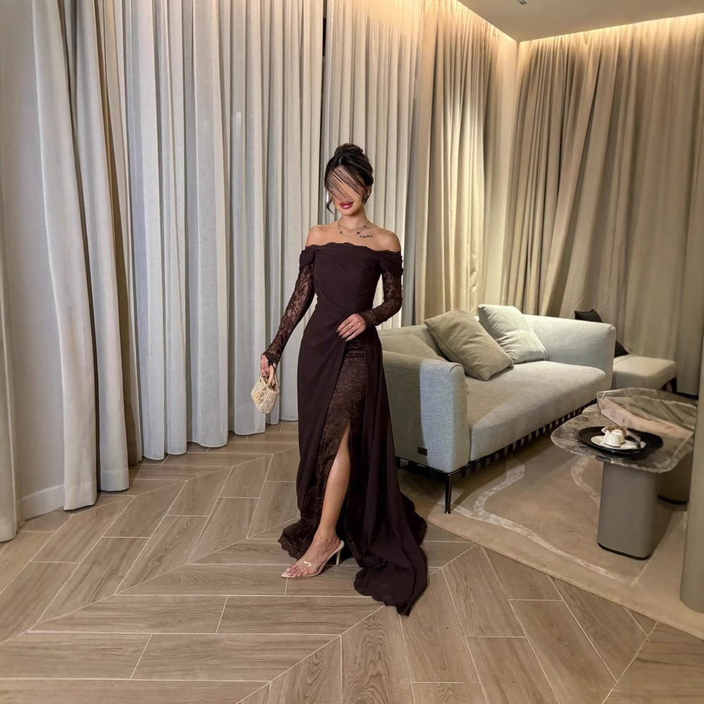 Spring Summer Women Clothing Tube Top Stitching Lace Long Sleeve Big Hem Elegance Retro Dress by Ragazza