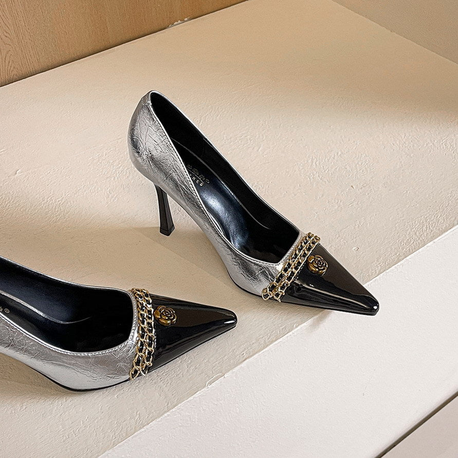Design Color Matching Metal Chain Super High Heels Stiletto Pointed Toe Camellia Chanel Shoes  DestGlow